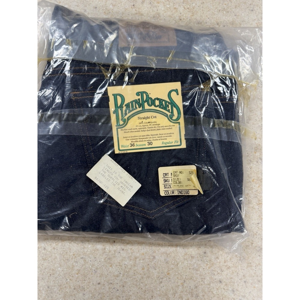 Vintage 80s Plain Pockets Jeans Mens 36x30 Deadstock Sealed Dark Indigo Denim